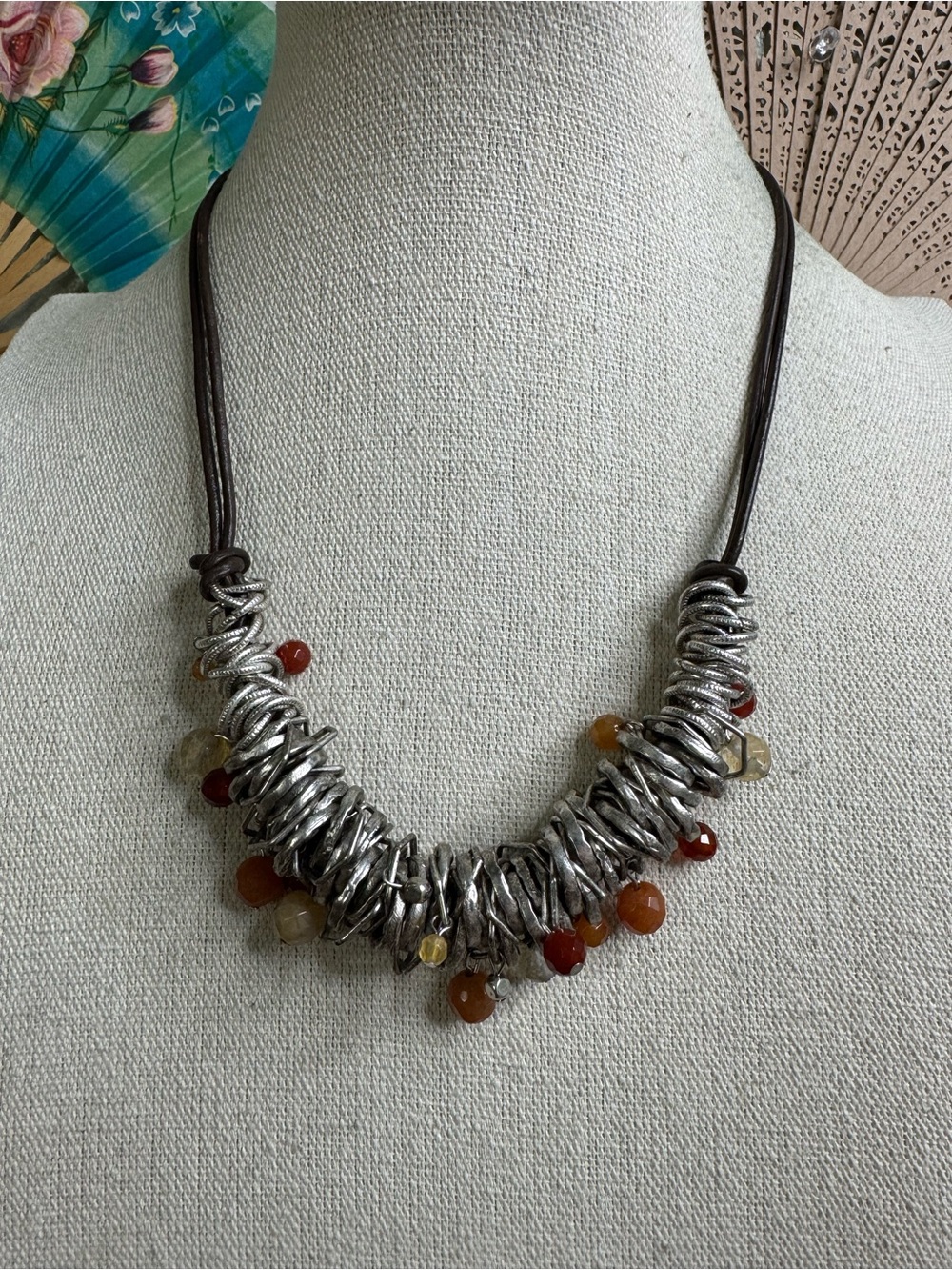 J. Jill Silver Coil Necklace Leather Cord Golden Brown Quartz Beads